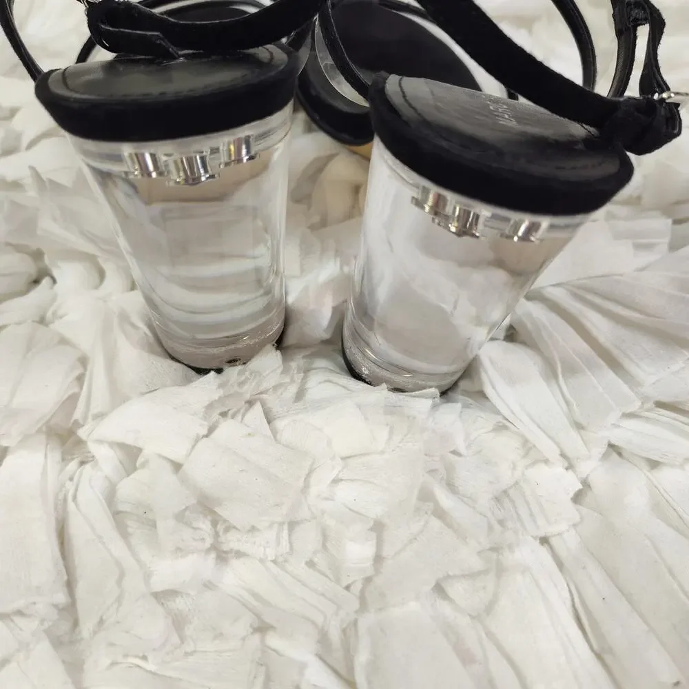 Marc Fisher Shoes Womens Size 9 Black Strappy Sandals Clear Lucite Block Heel